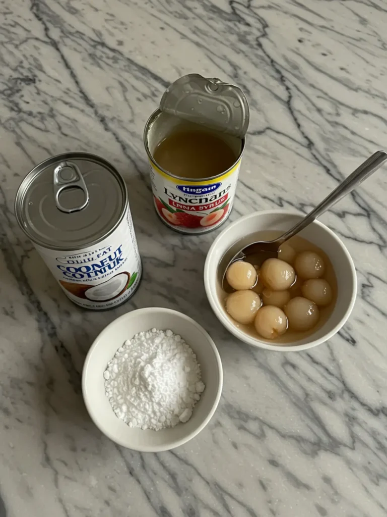Ingredients to make vegan lychee panna cotta: coconut milk, canned lychees, and agar agar powder.