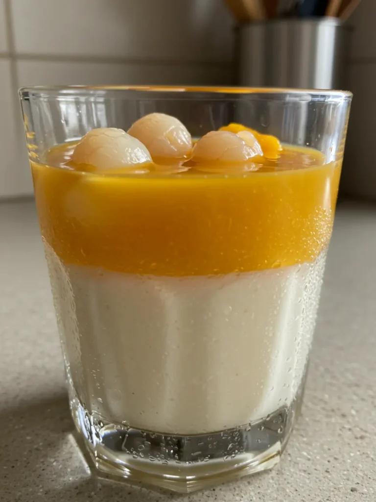 A vegan mango lychee panna cotta made with coconut milk and topped with fresh fruit.