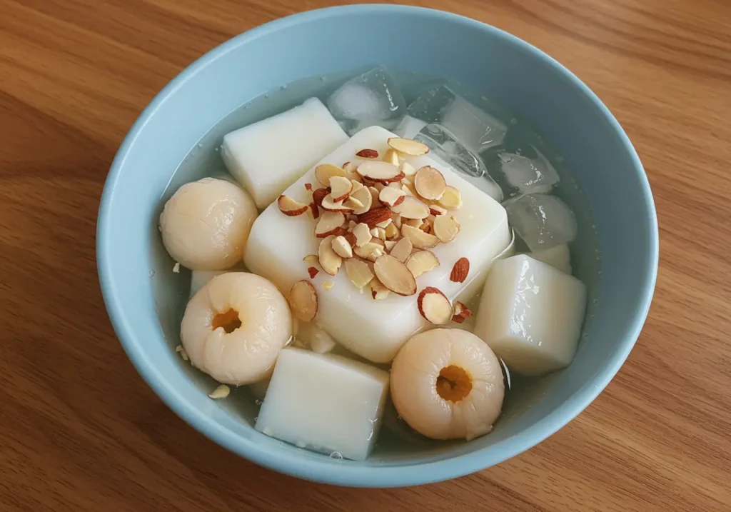 A bowl of Vietnamese Panna Cotta Sweet Soup, also known as Chè Khúc Bạch, with almonds.