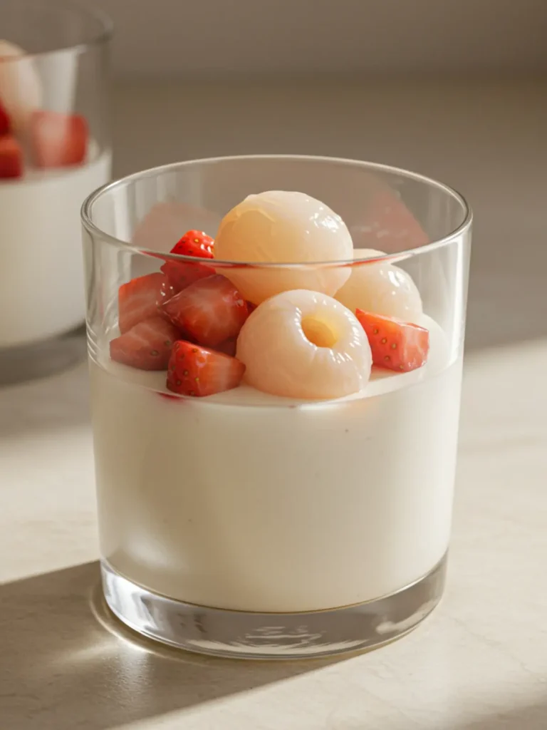Viral Lychee Panna Cotta: The Easy Recipe You Need 24 An unmolded viral lychee panna cotta garnished with fresh strawberries and lychees on a white ceramic plate.