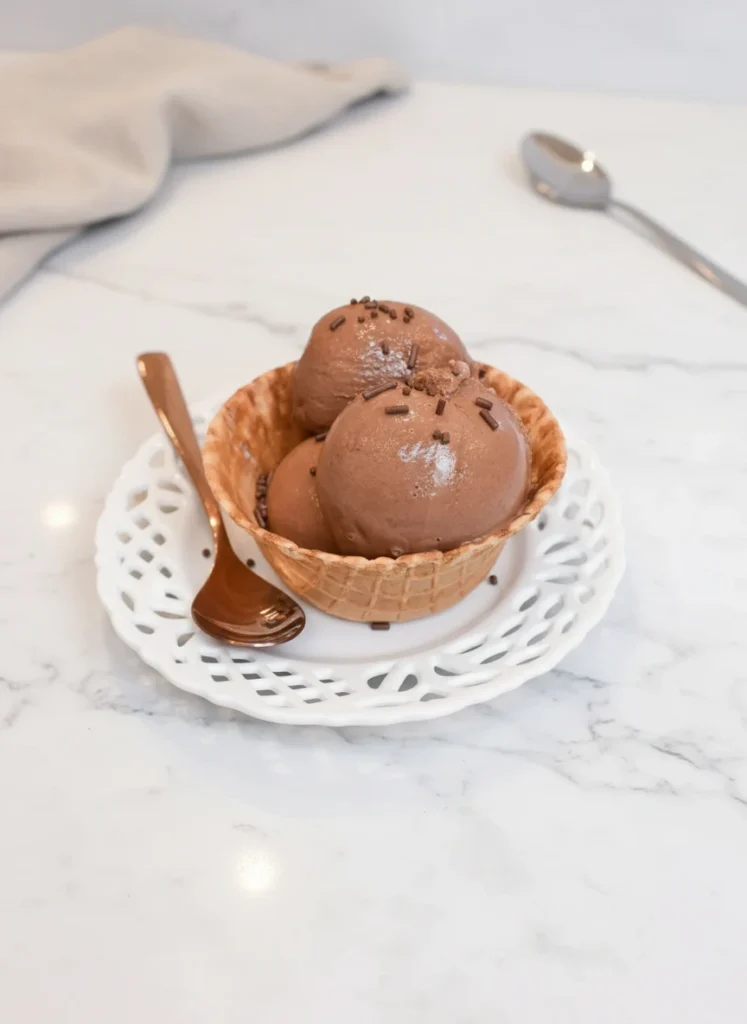 A scoop of ice cream with cookie dough chunks, an easy mix-in for ninja creami recipes with pudding mix.