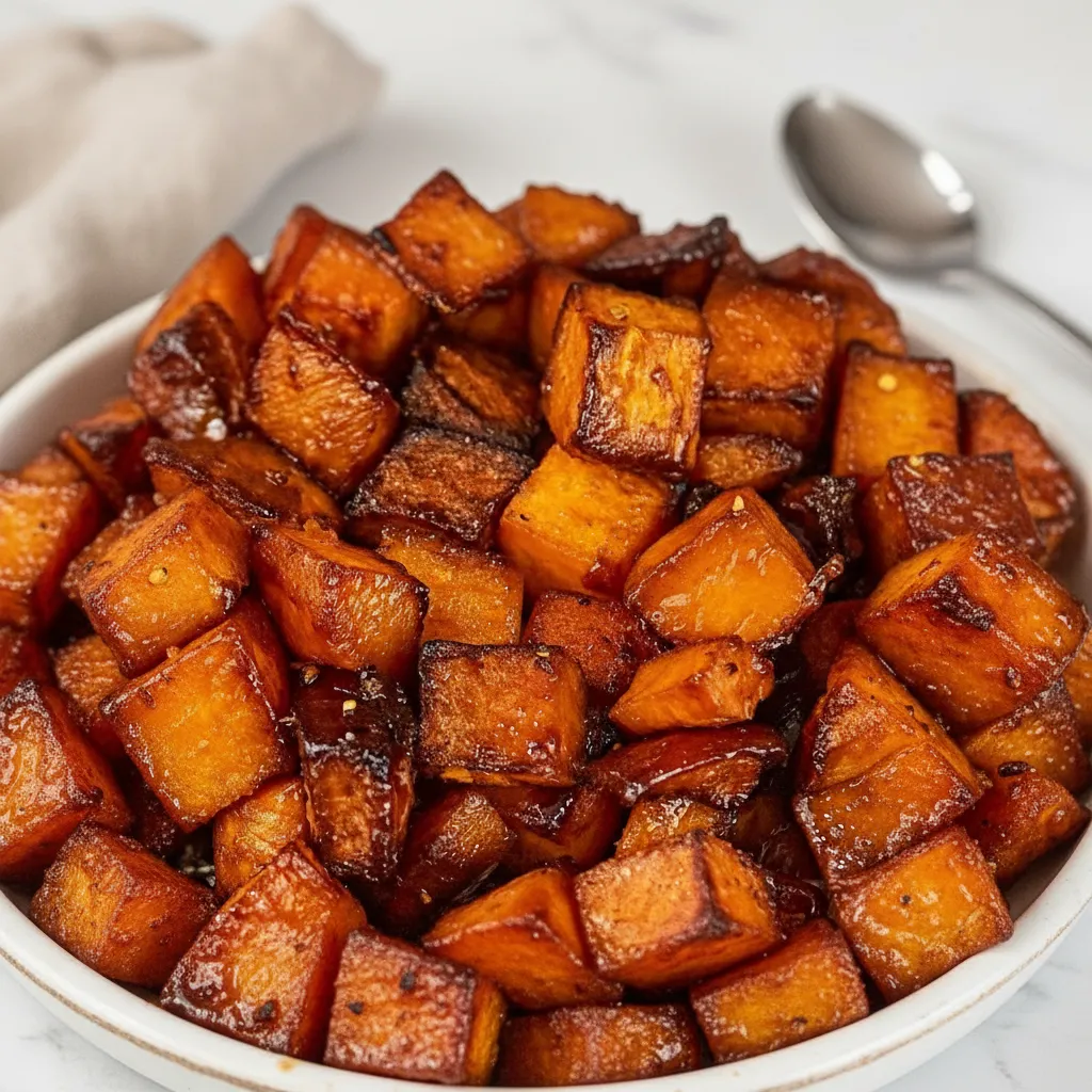 Easy Hot Honey Roasted Sweet Potato Cubes