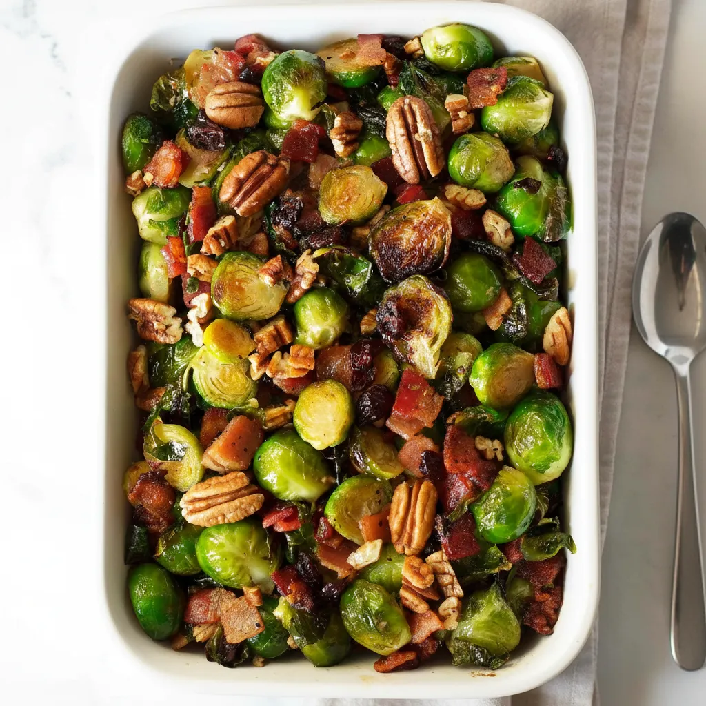 Roasted Maple Bacon Brussels Sprouts with Cranberries and Pecans