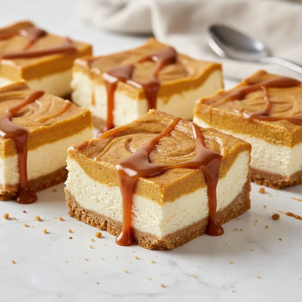 Easy Pumpkin Cheesecake Bars with Gingersnap Crust 2 Delicious Pumpkin Cheesecake Bars with Caramel Drizzle