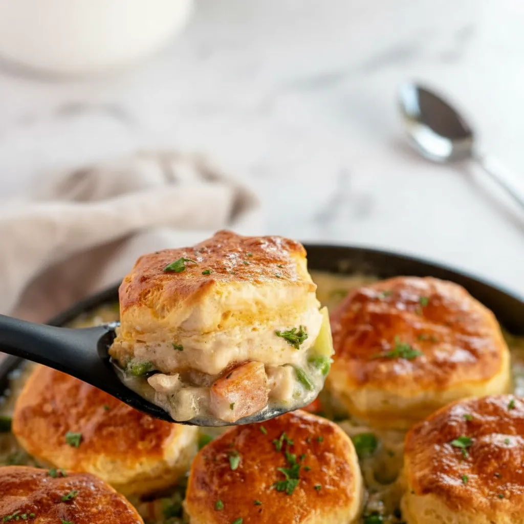 Easy Skillet Chicken Pot Pie Recipe with Biscuits