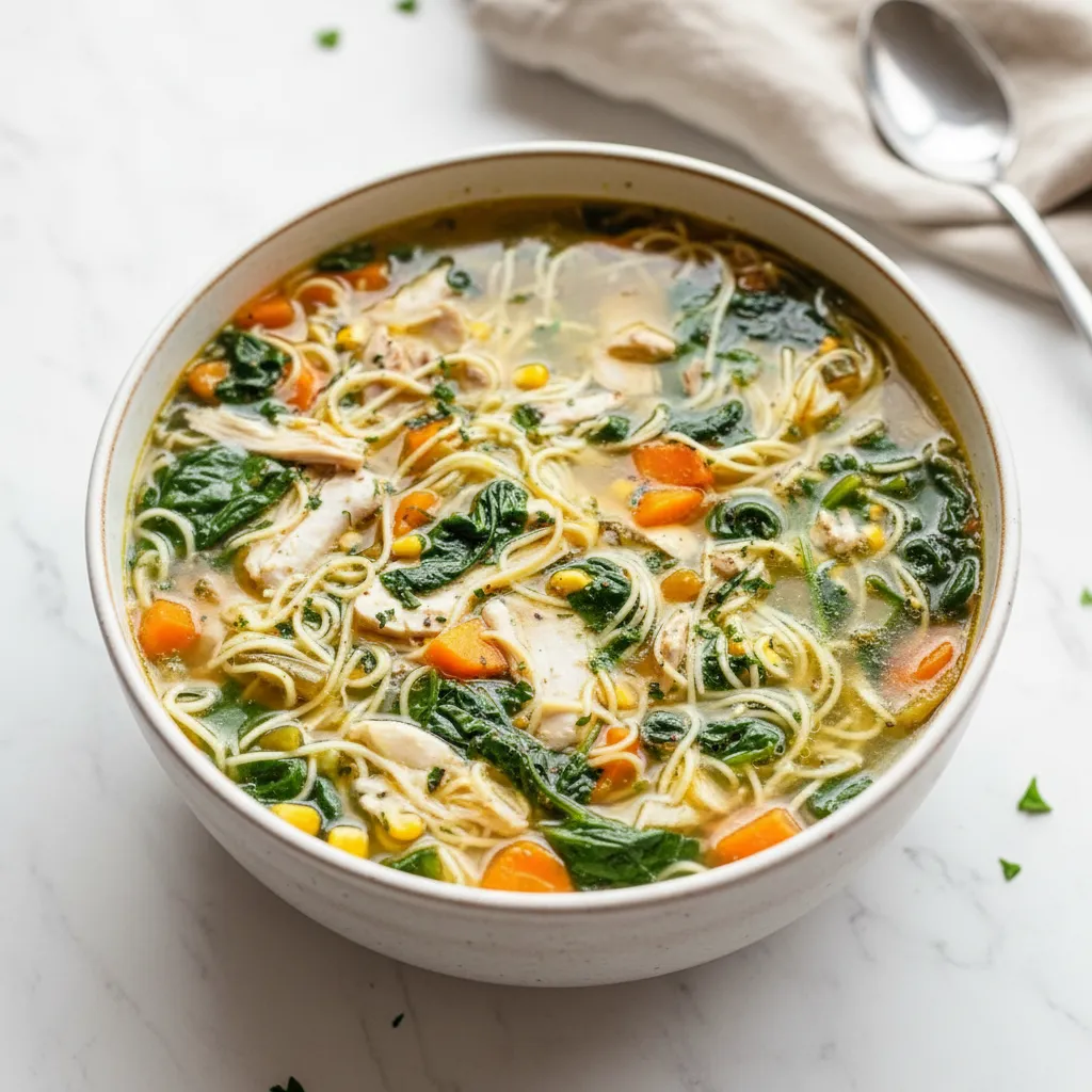 Healthy Chicken Noodle Soup with Fresh Spinach