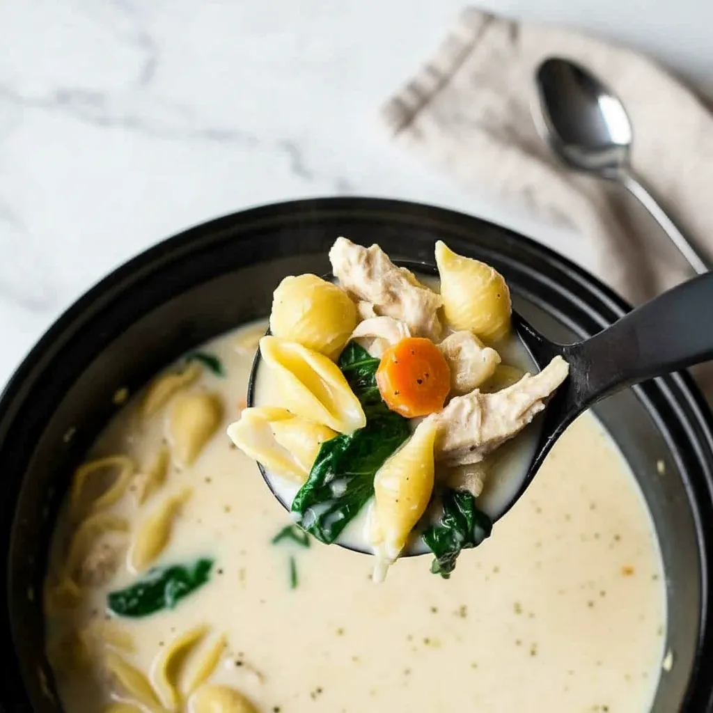 Healthy Crockpot Chicken Noodle Soup with Spinach