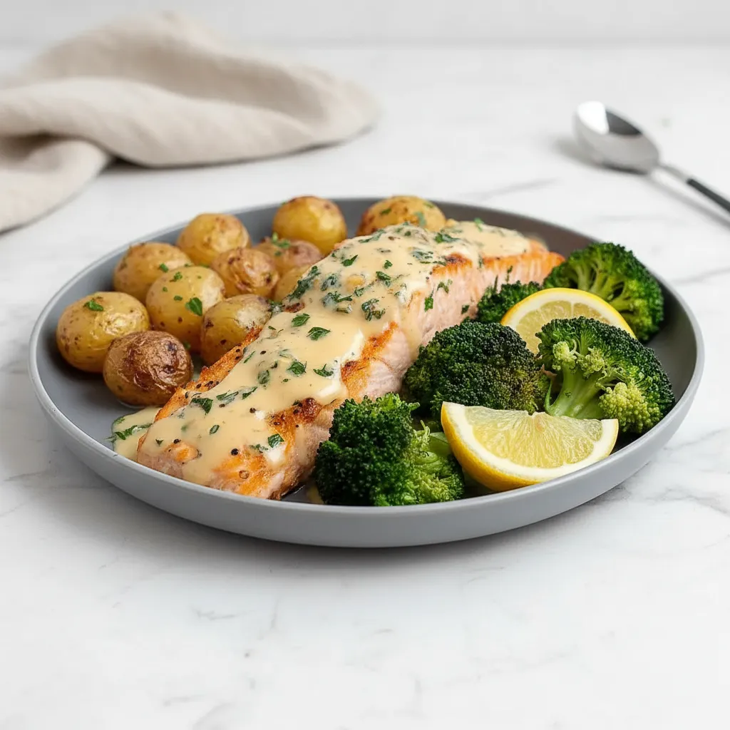 Easy Lemon Butter Salmon with Crispy Potatoes and Broccoli