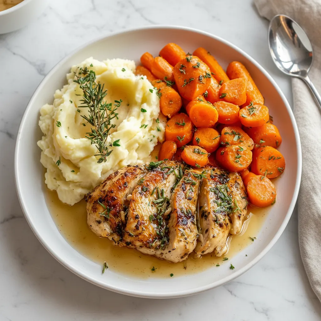 Garlic Herb Chicken Dinner with Mashed Potatoes & Glazed Carrots