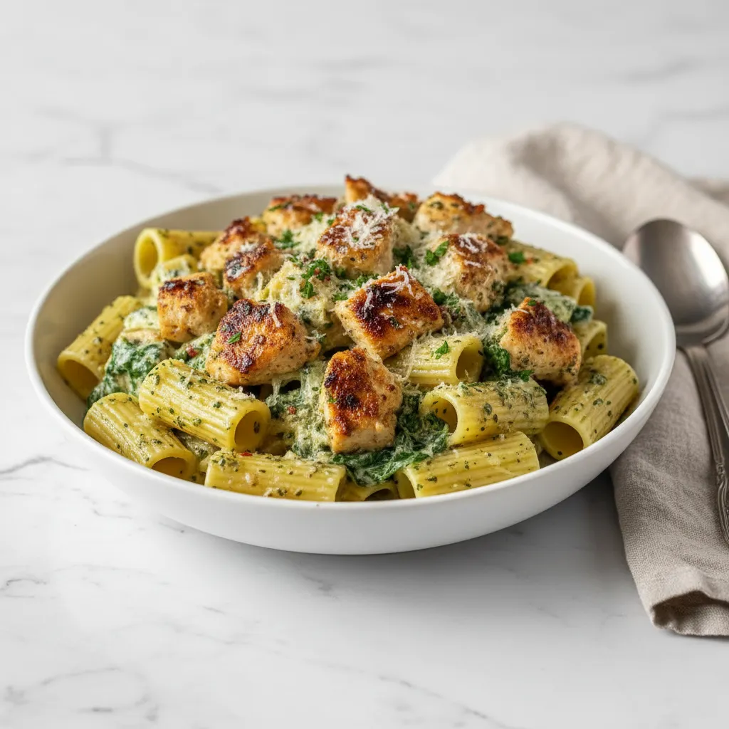 Delicious Creamy Pesto Chicken Pasta Bake Recipe | Easy Dinner Idea