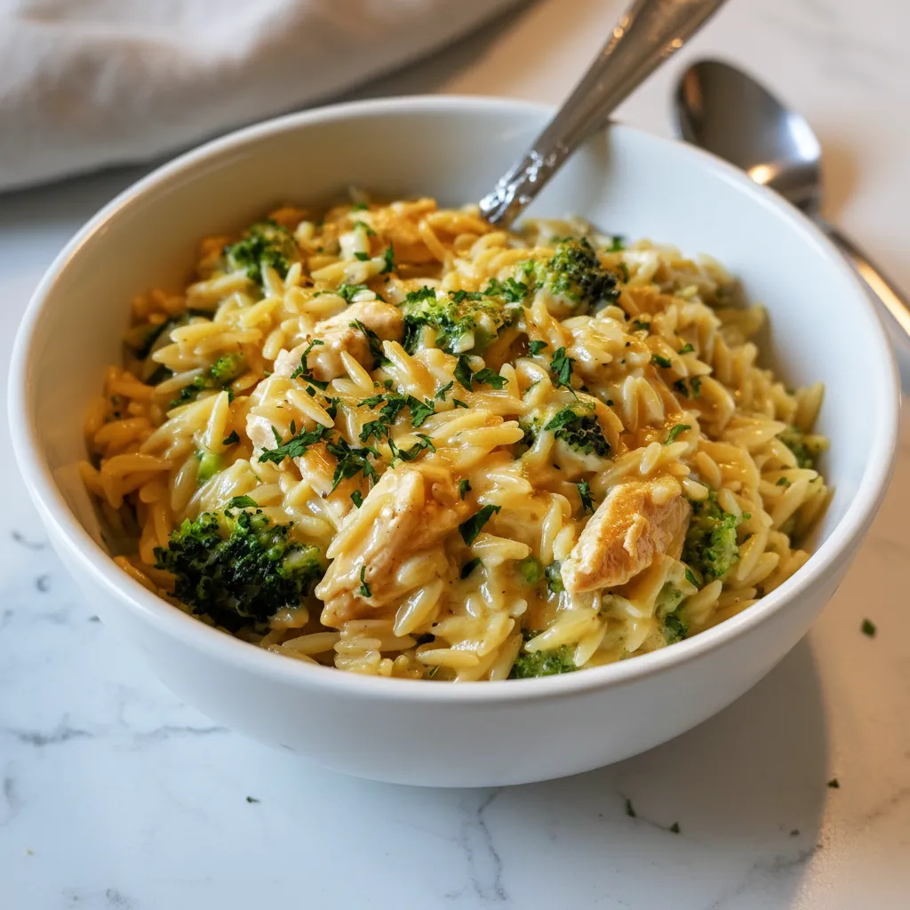 Easy Cheesy Chicken Broccoli Orzo One-Pan Dinner