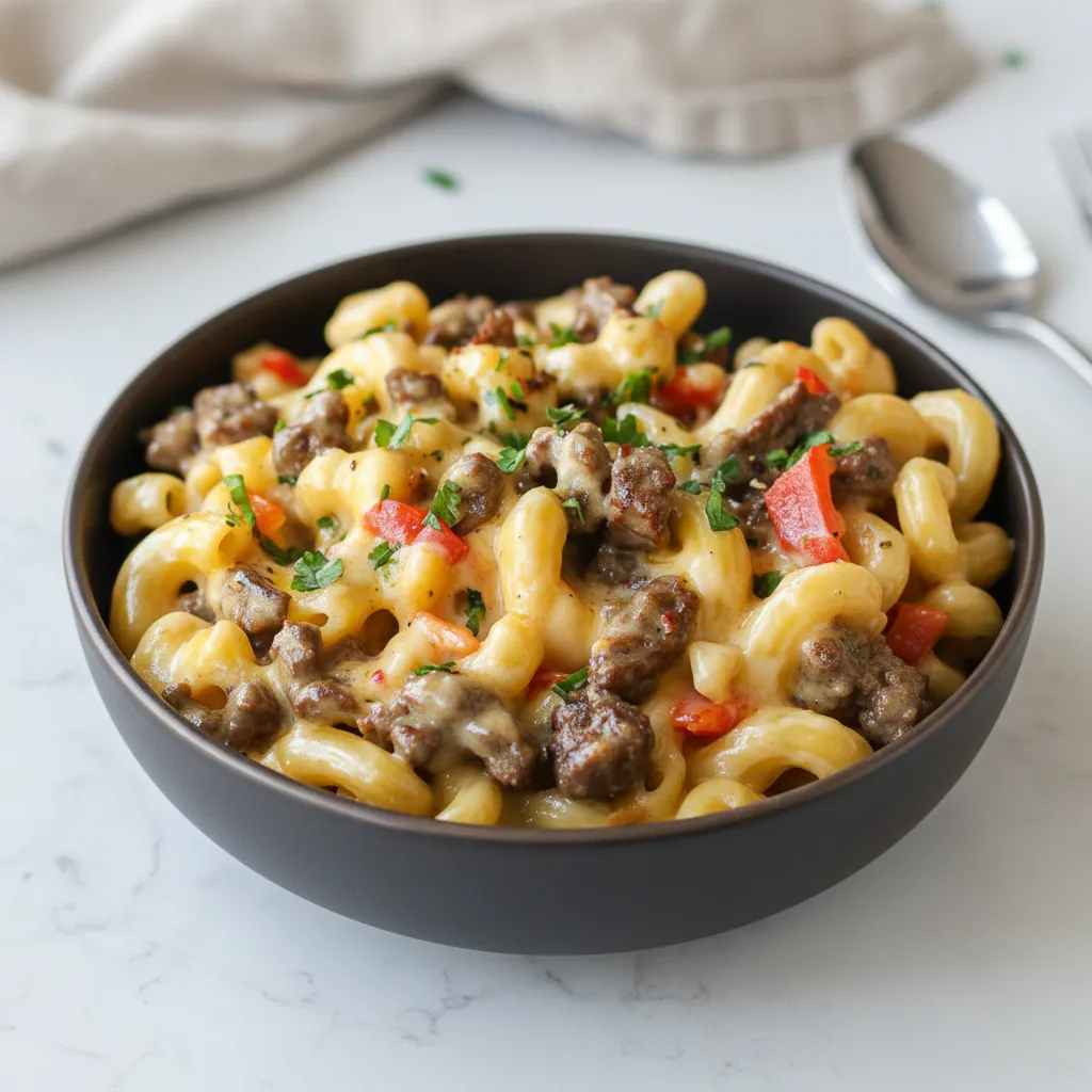 Easy High-Protein Philly Cheesesteak Mac & Cheese Recipe